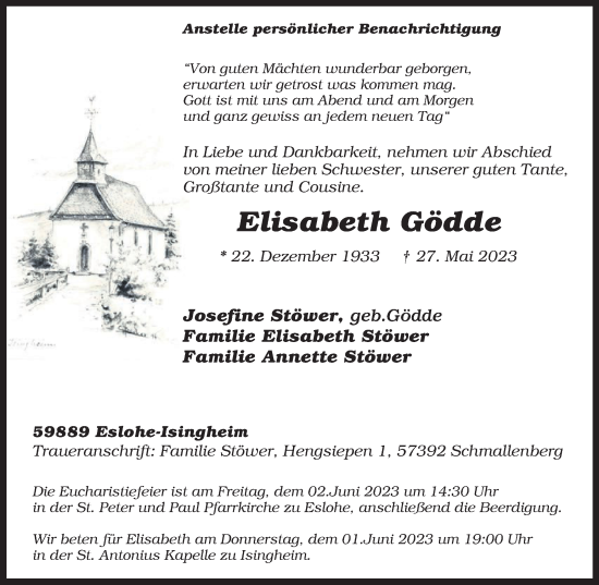 Traueranzeige von Elisabeth Gödde von Tageszeitung