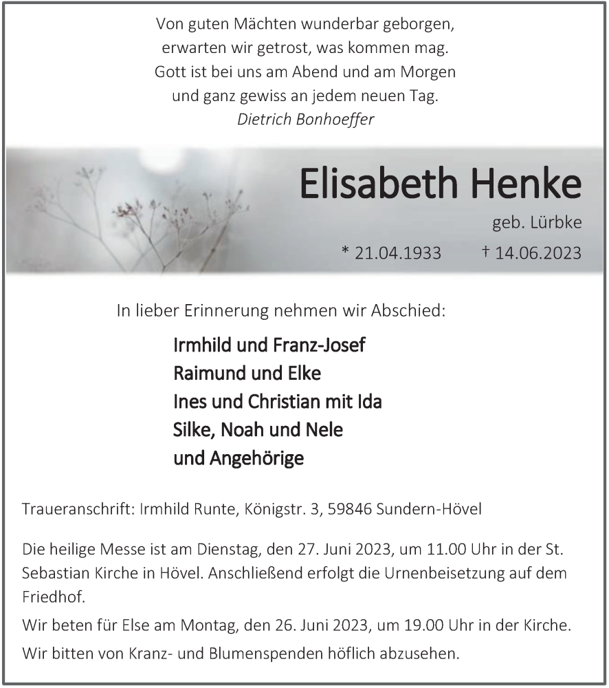  Traueranzeige für Elisabeth Henke vom 17.06.2023 aus Tageszeitung