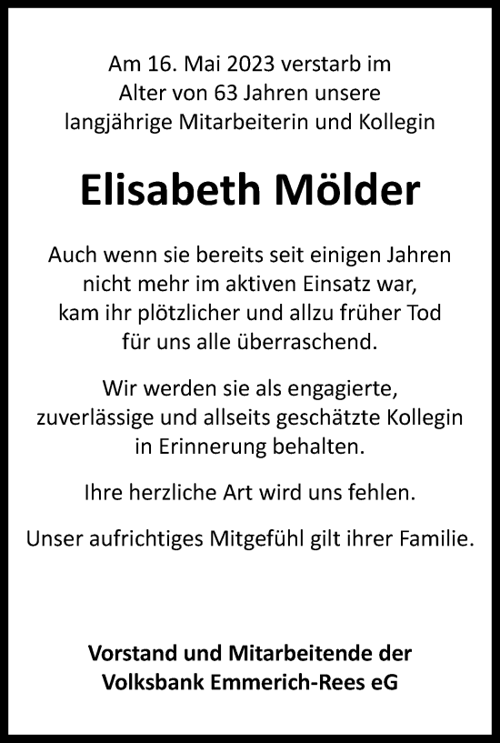 Traueranzeige von Elisabeth Mölder von Tageszeitung