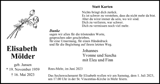 Traueranzeige von Elisabeth Mölder von Tageszeitung
