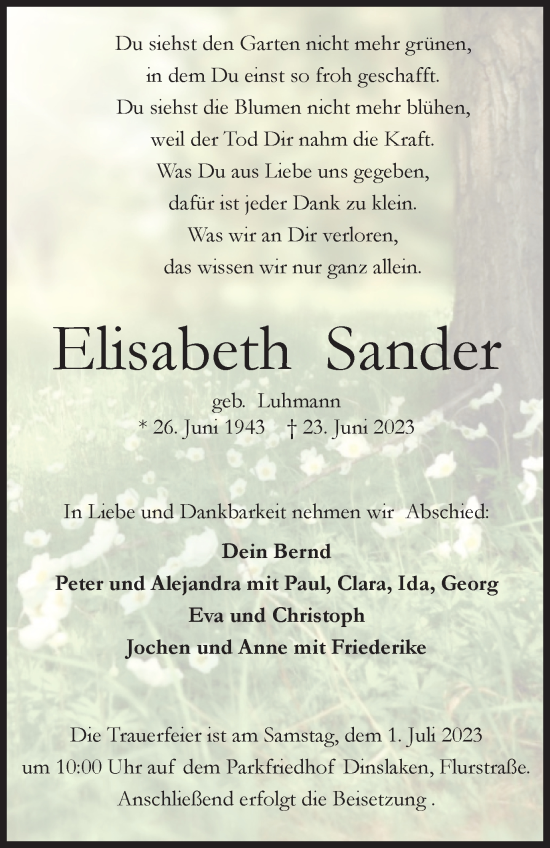 Traueranzeige von Elisabeth Sander von Tageszeitung