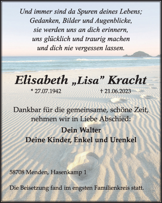 Traueranzeigen Von Elisabeth „Lisa“ Kracht | Trauer-in-NRW.de