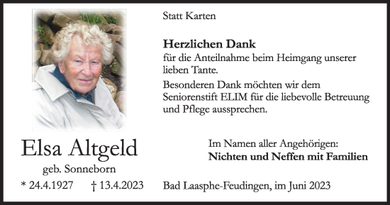 Traueranzeige von Elsa Altgeld von Tageszeitung