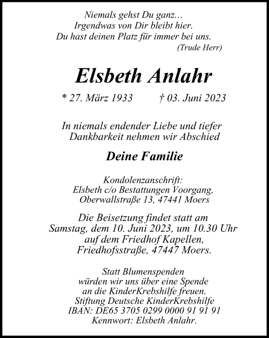 Traueranzeige von Elsbeth Anlahr von Tageszeitung