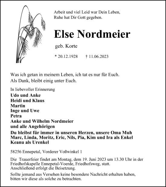 Traueranzeige von Else Nordmeier von Tageszeitung