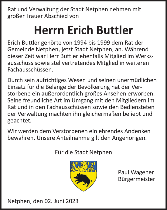 Traueranzeige von Erich Buttler von Tageszeitung