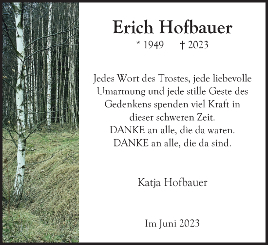 Traueranzeige von Erich Hofbauer von Tageszeitung