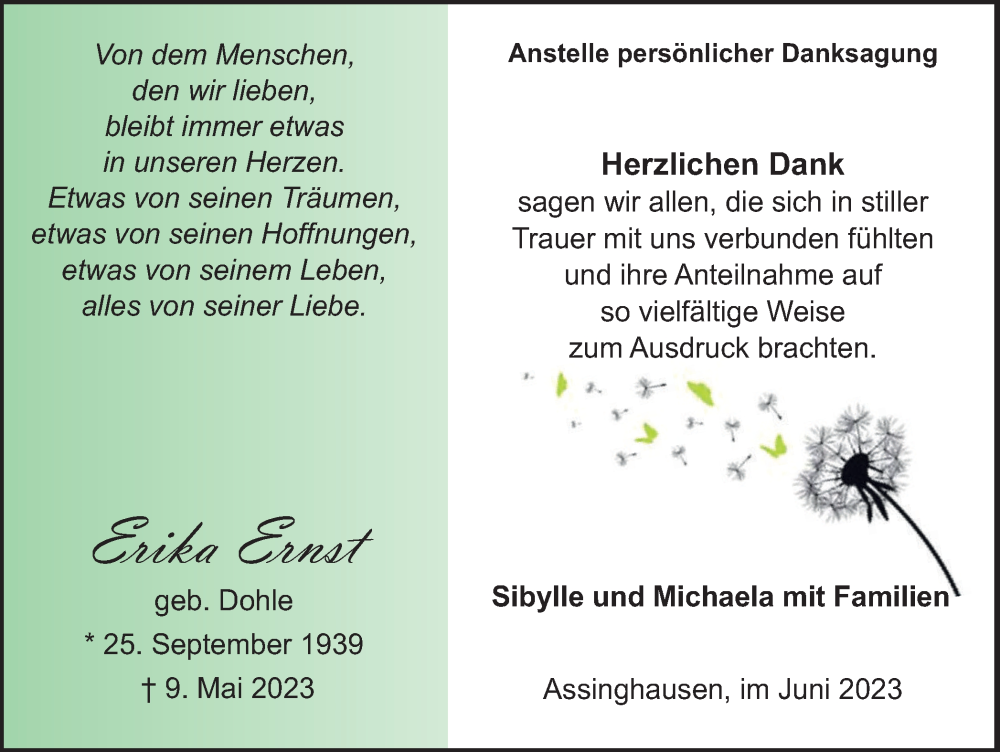  Traueranzeige für Erika Ernst vom 24.06.2023 aus Tageszeitung
