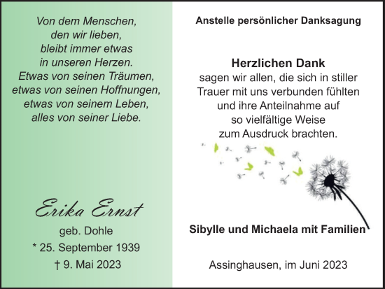 Traueranzeige von Erika Ernst von Tageszeitung