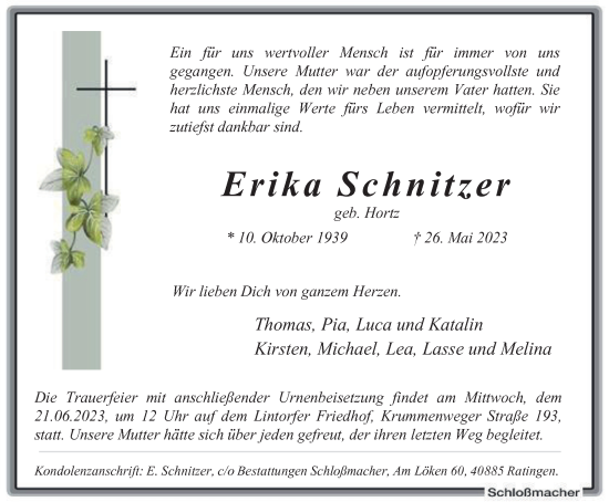 Traueranzeige von Erika Schnitzer von Tageszeitung