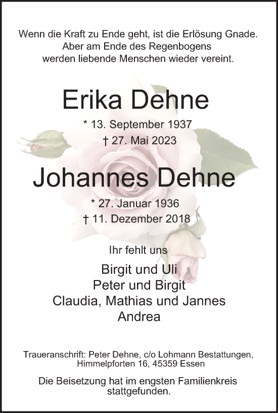 Traueranzeige von Erika und Johannes Dehne von Tageszeitung