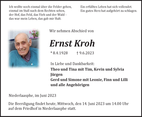 Traueranzeige von Ernst Kroh von Tageszeitung