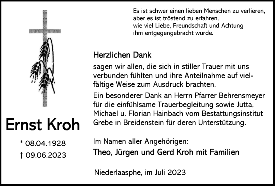 Traueranzeige von Ernst Kroh von Tageszeitung