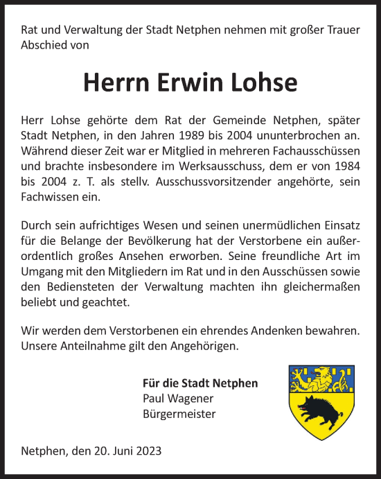 Traueranzeige von Erwin Lohse von Tageszeitung