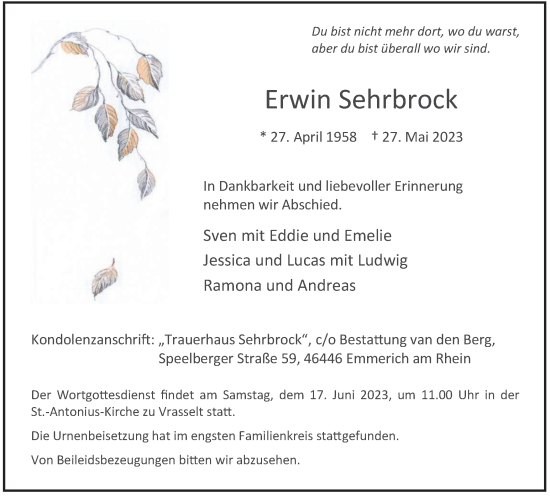 Traueranzeige von Erwin Sehrbrock von Tageszeitung