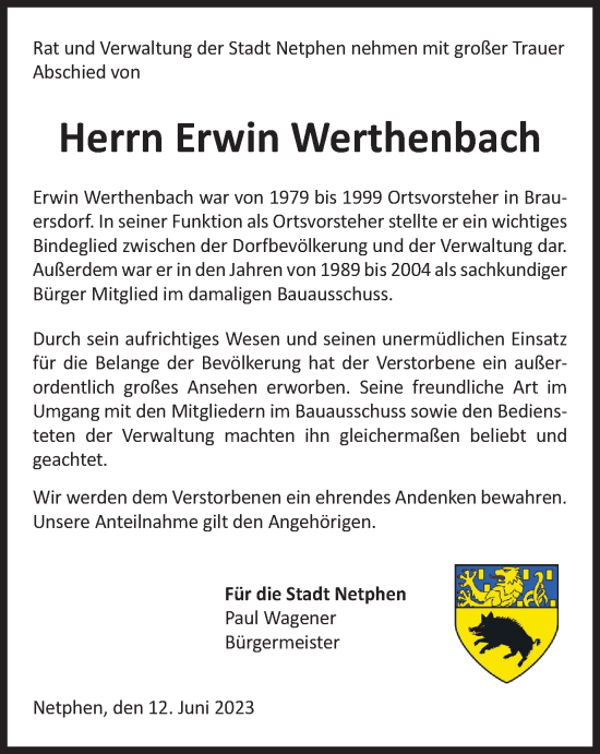 Traueranzeige von Erwin Werthenbach von Tageszeitung