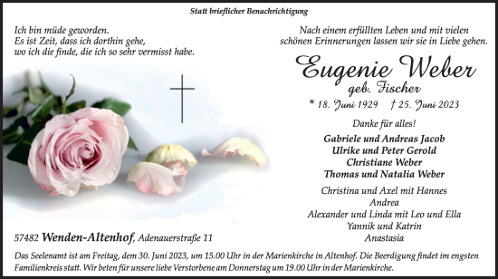 Traueranzeige von Eugenie Weber von Tageszeitung