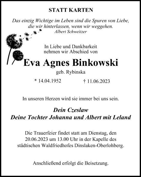 Traueranzeige von Eva Agnes Binkowski von Tageszeitung