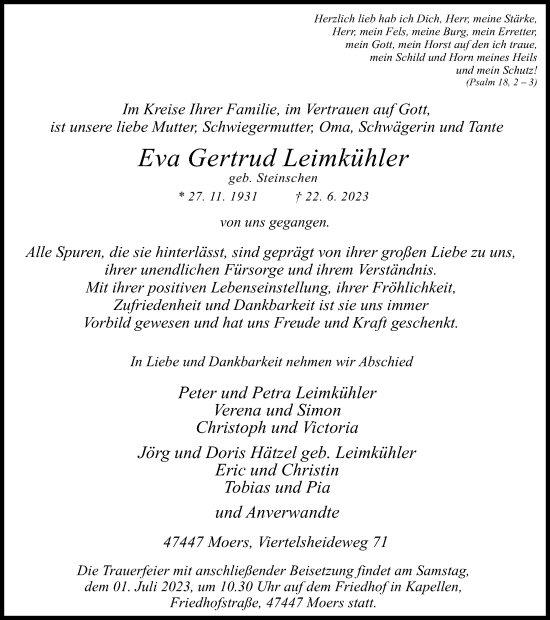 Traueranzeige von Eva Gertrud Leimkühler von Tageszeitung