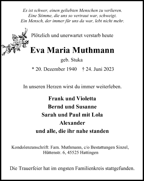 Traueranzeige von Eva Maria Muthmann von Tageszeitung