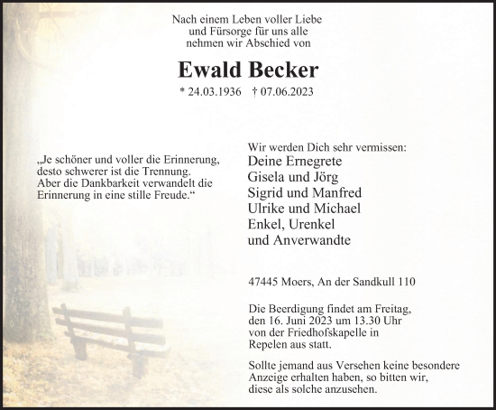 Traueranzeige von Ewald Becker von Tageszeitung