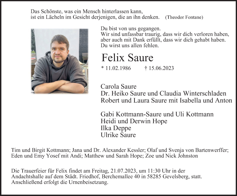  Traueranzeige für Felix Saure vom 01.07.2023 aus Tageszeitung