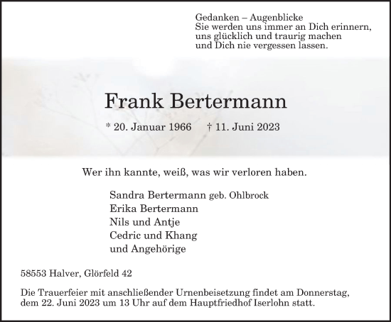 Traueranzeige von Frank Bertermann von Tageszeitung
