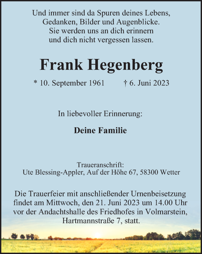  Traueranzeige für Frank Hegenberg vom 15.06.2023 aus Tageszeitung