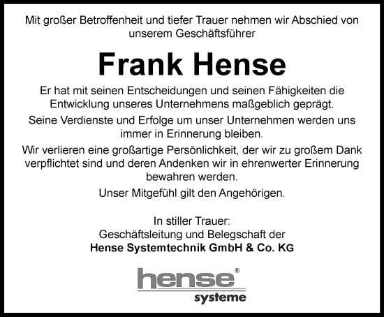 Traueranzeige von Frank Hense von Tageszeitung