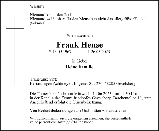 Traueranzeige von Frank Hense von Tageszeitung