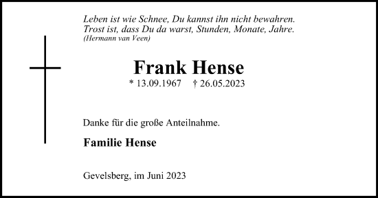 Traueranzeige von Frank Hense von Tageszeitung