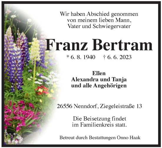 Traueranzeige von Franz Bertram von Tageszeitung