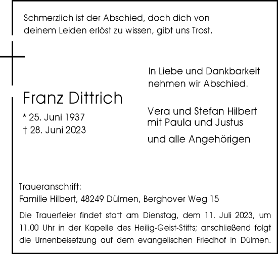 Traueranzeige von Franz Dittrich von Tageszeitung