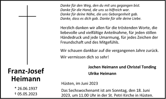 Traueranzeige von Franz-Josef Heimann von Tageszeitung