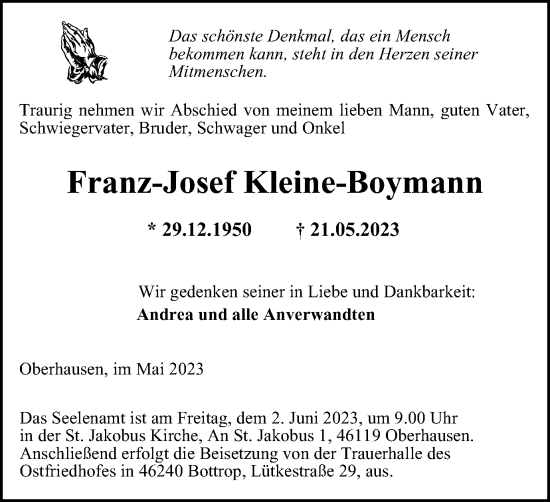 Traueranzeige von Franz-Josef Kleine-Boymann von Tageszeitung