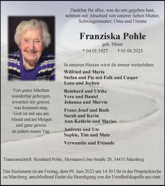 Traueranzeige von Franziska Pohle von Tageszeitung