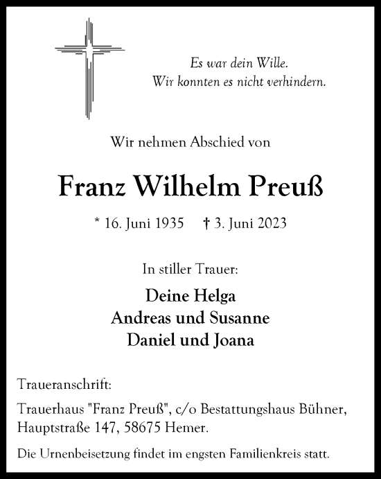 Traueranzeige von Franz Wilhelm Preuß von Tageszeitung