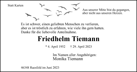 Traueranzeige von Friedhelm Tiemann von Tageszeitung