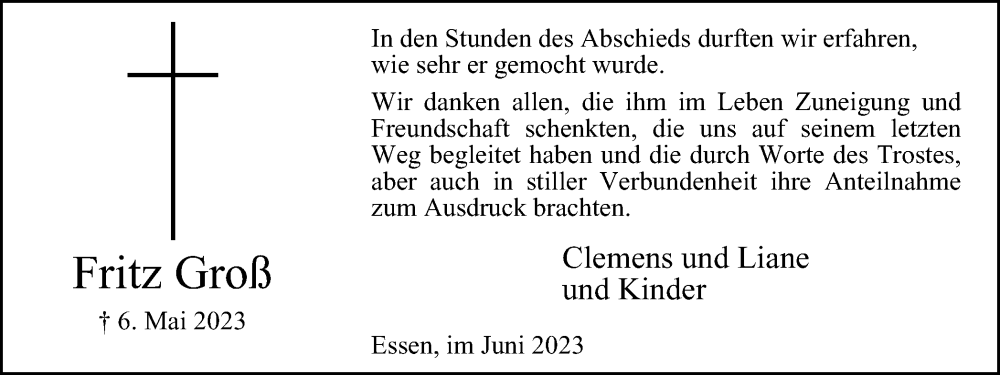  Traueranzeige für Fritz Groß vom 24.06.2023 aus Tageszeitung