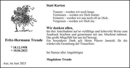 Traueranzeige von Fritz-Hermann Treude von Tageszeitung