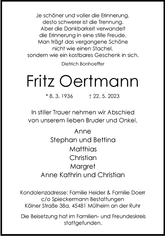 Traueranzeige von Fritz Oertmann von Tageszeitung