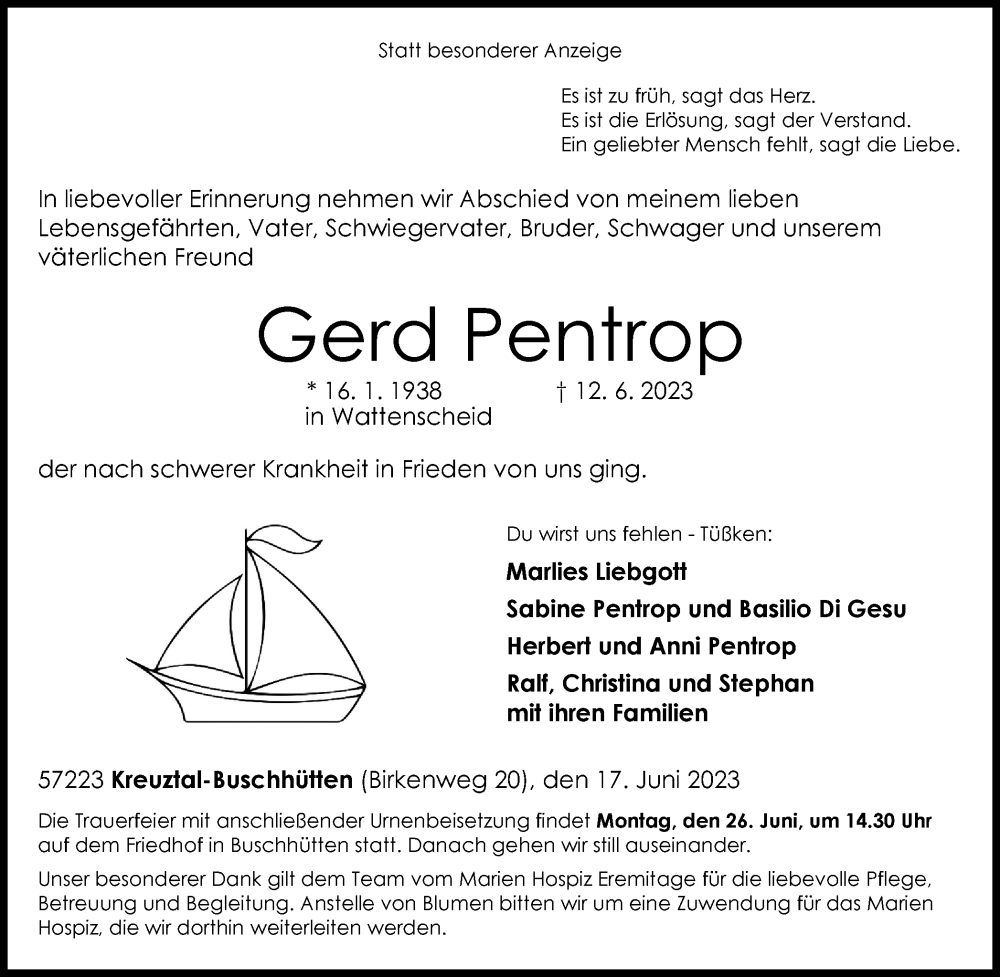  Traueranzeige für Gerd Pentrop vom 17.06.2023 aus Tageszeitung