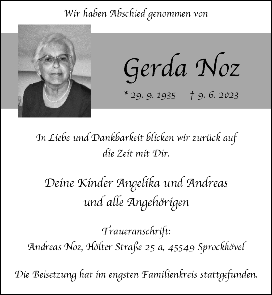 Traueranzeige von Gerda Noz von Tageszeitung