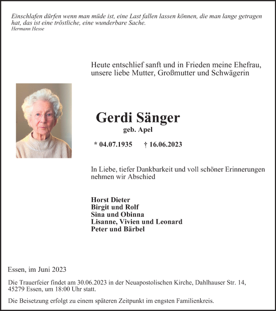 Traueranzeige von Gerdi Sänger von Tageszeitung