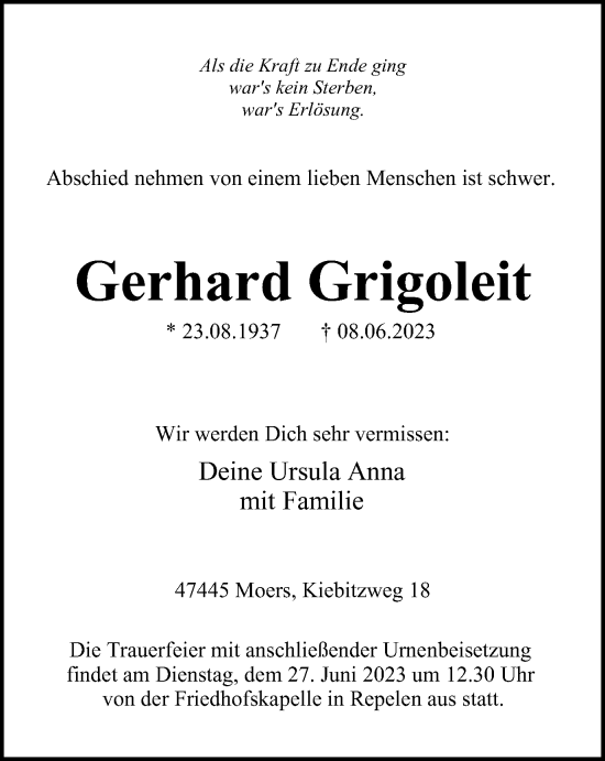Traueranzeige von Gerhard Grigoleit von Tageszeitung