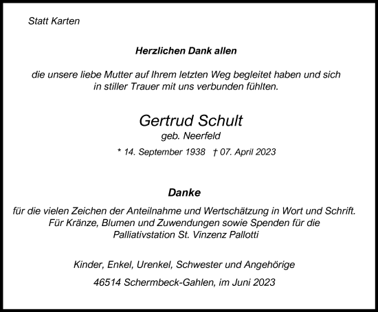 Traueranzeige von Gertrud Schult von Tageszeitung