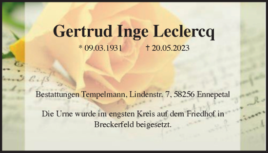 Traueranzeige von Gertrud Inge Leclercq von Tageszeitung