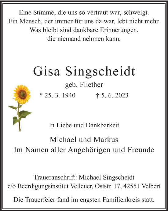 Traueranzeige von Gisa Singscheidt von Tageszeitung