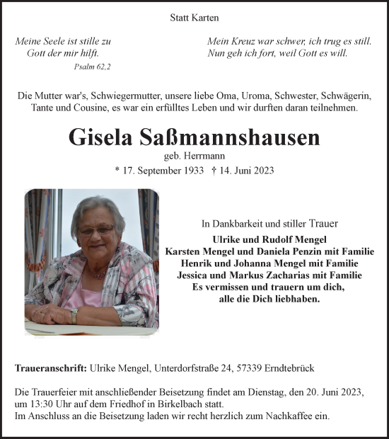 Traueranzeige von Gisela Saßmannshausen von Tageszeitung