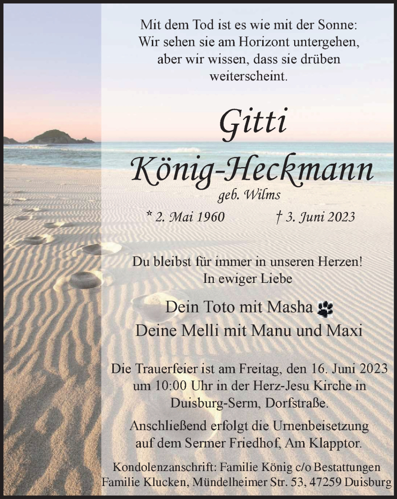  Traueranzeige für Gitti König-Heckmann vom 10.06.2023 aus Tageszeitung